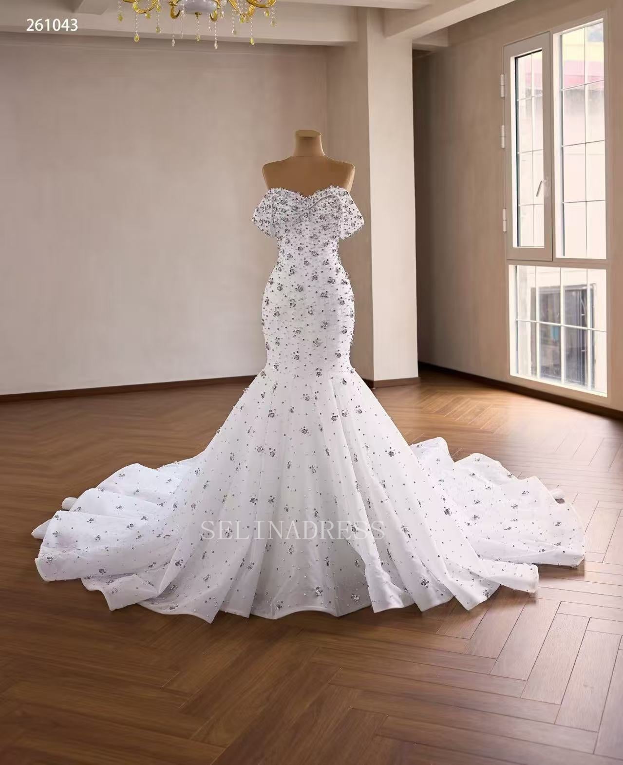 Luxury White Mermaid Off-the-shoulder Wedding Dress With Rhinestone Bridal Gowns 2511043|Selinadress