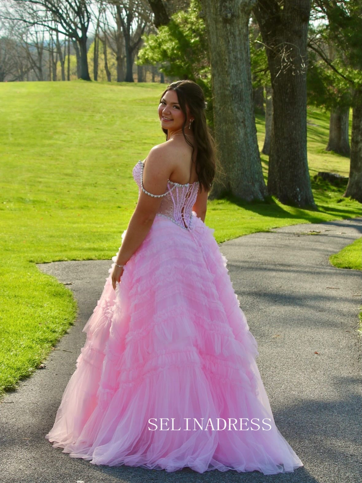 Sweetheart Pink Tiered Party Prom Dress With Pearl Beads&Ruffles Tulle lck028|Selinadress