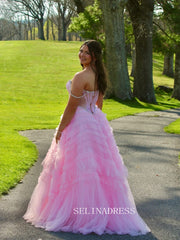 Sweetheart Pink Tiered Party Prom Dress With Pearl Beads&Ruffles Tulle lck028|Selinadress