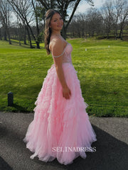 Sweetheart Pink Tiered Party Prom Dress With Pearl Beads&Ruffles Tulle lck028|Selinadress