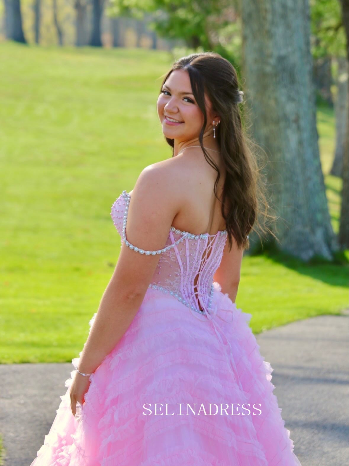 Sweetheart Pink Tiered Party Prom Dress With Pearl Beads&Ruffles Tulle lck028|Selinadress