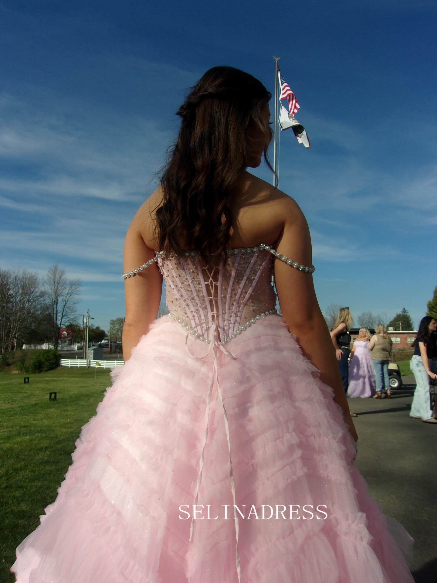 Sweetheart Pink Tiered Party Prom Dress With Pearl Beads&Ruffles Tulle lck028|Selinadress