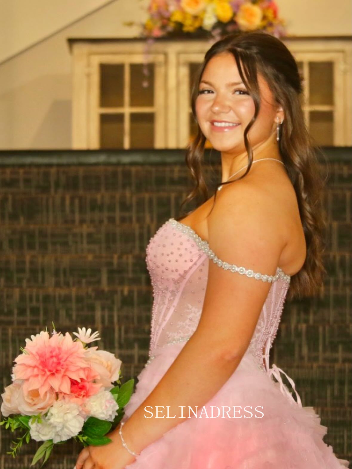 Sweetheart Pink Tiered Party Prom Dress With Pearl Beads&Ruffles Tulle lck028|Selinadress