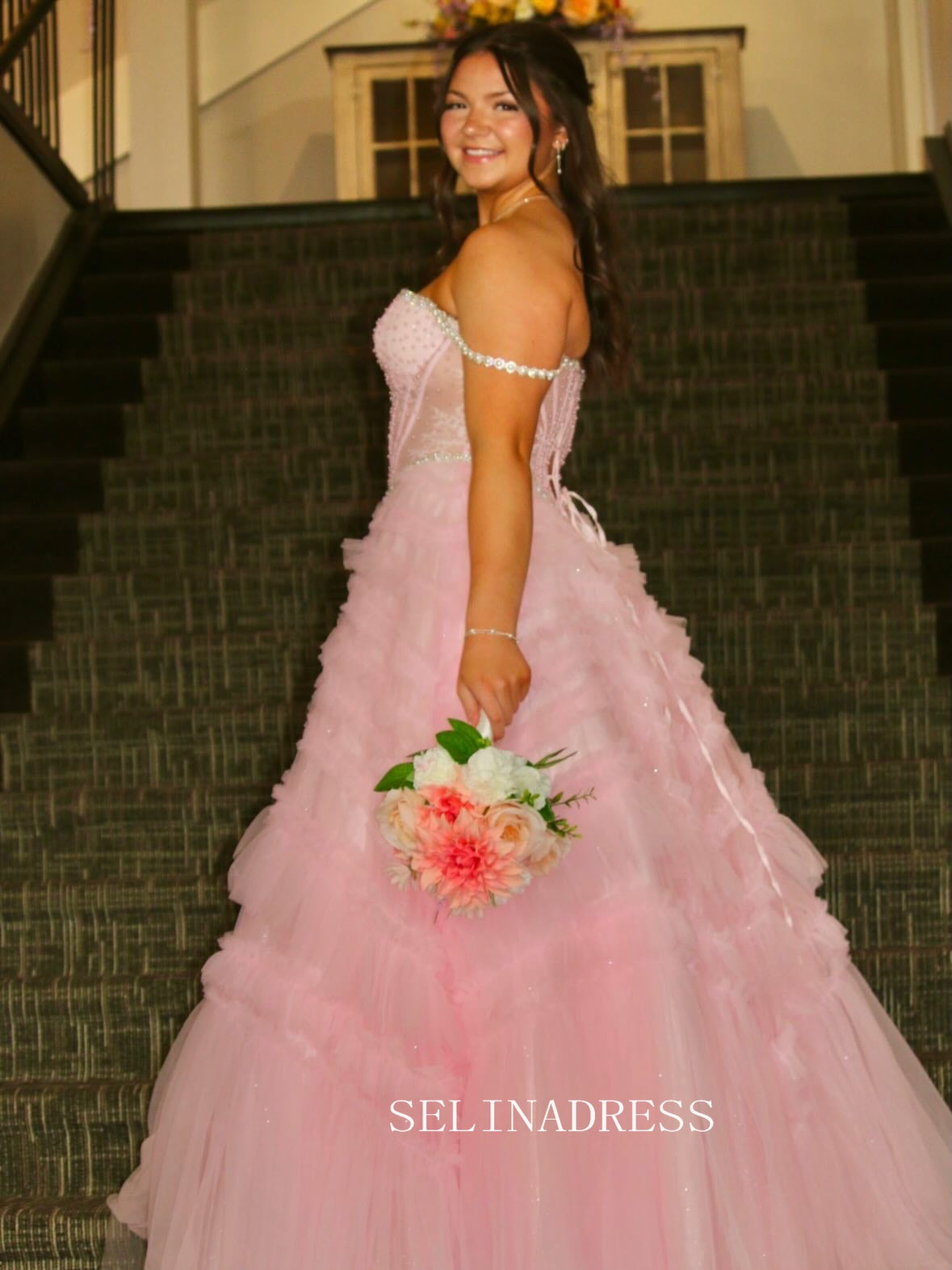 Sweetheart Pink Tiered Party Prom Dress With Pearl Beads&Ruffles Tulle lck028|Selinadress
