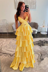 A-Line Straps V-Neck Red Ruffle Layered Prom Dress lck008