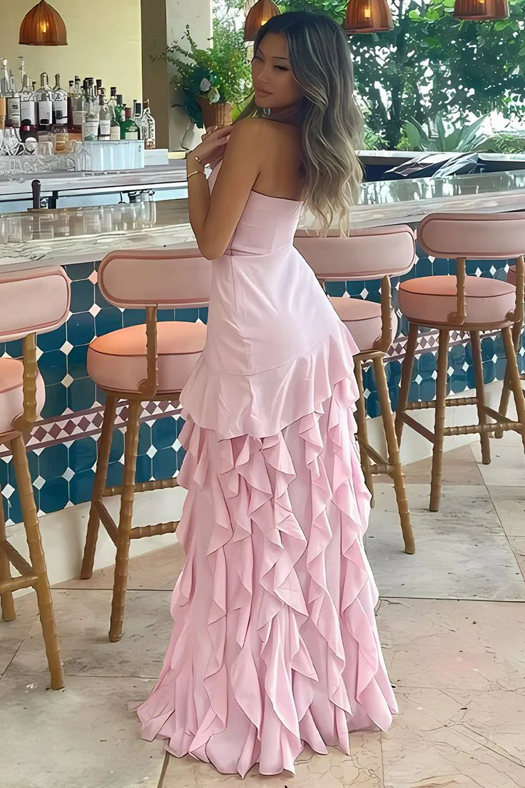 Strapless Black Ruffle High Slit Prom Dress lck006