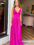 A-Line V-Neck Fuchsia Pleated Long Prom Dress lpk565|Selinadress