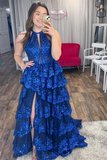 A-line Halter Royal Blue Sequin Tulle Ruffles Gown sew1085|Selinadress