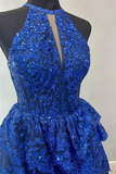 A-line Halter Royal Blue Sequin Tulle Ruffles Gown sew1085|Selinadress