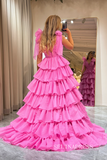A-line Hot Pink Bow Tie Layers Straps Long Prom Dress with Slit lps030|Selinadress