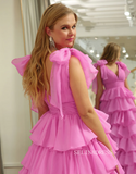 A-line Hot Pink Bow Tie Layers Straps Long Prom Dress with Slit lps030