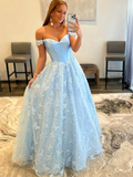 A-line Light Sky Blue Long Prom Dresses Off-the-shoulder Cheap Evening Dresses TKL0010|Selinadress