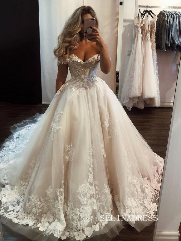 A-line Off-the-shoulder Appliqued Lace Wedding Dress Cheap Rustic Bridal Dresses #KOP091|Selinadress