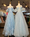 A-line Off-the-shoulder Floral Lace V neck Long Prom Dress sew1053|Selinadress