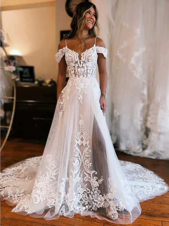 A-line Off-the-shoulder Rustic Vintage Lace Wedding Dresses Sweep Train Bridal Gowns lpk140|Selinadress