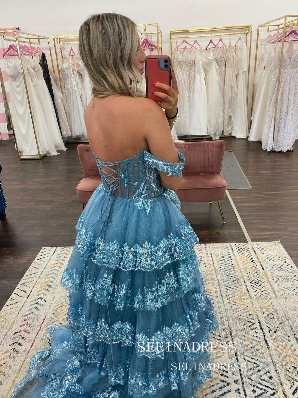A-line Off the Sholder Glitter Tulle Ball Gowns Lace Long Prom Dresses – SELINADRESS