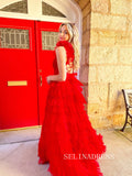A-line Red Long Prom Dresses Ruffles Tulle Evening Dresses lpk506 |Selinadress
