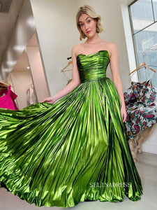 A-line Sleeveless Floor-Length Metallic Prom Dress with Pleated Split lpk806|Selinadress
