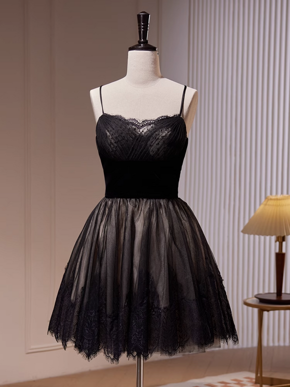 A-line Spaghetti Straps Black Short Prom Dress Juniors Lace Homecoming Dresses kts010|Selinadress