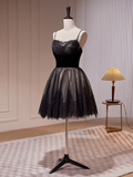 A-line Spaghetti Straps Black Short Prom Dress Juniors Lace Homecoming Dresses kts010|Selinadress