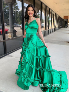 A-line Spaghetti Straps Green Long Prom Dresses Cheap Evening Dress sew1003|Selinadress