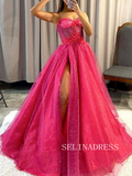 A-line Spaghetti Straps Hot Pink Long Prom Dresses Shiny Evening Dress TKH004|Selinadress