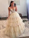 A-line Spaghetti Straps Lace Tulle Multi-Tiered Long Prom Dresses lpk804|Selinadress