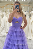 A-line Spaghetti Straps Lilac Ruched Tiered Prom Gown With Slit lpk936