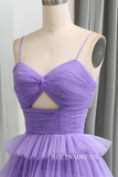 A-line Spaghetti Straps Lilac Ruched Tiered Prom Gown With Slit lpk936