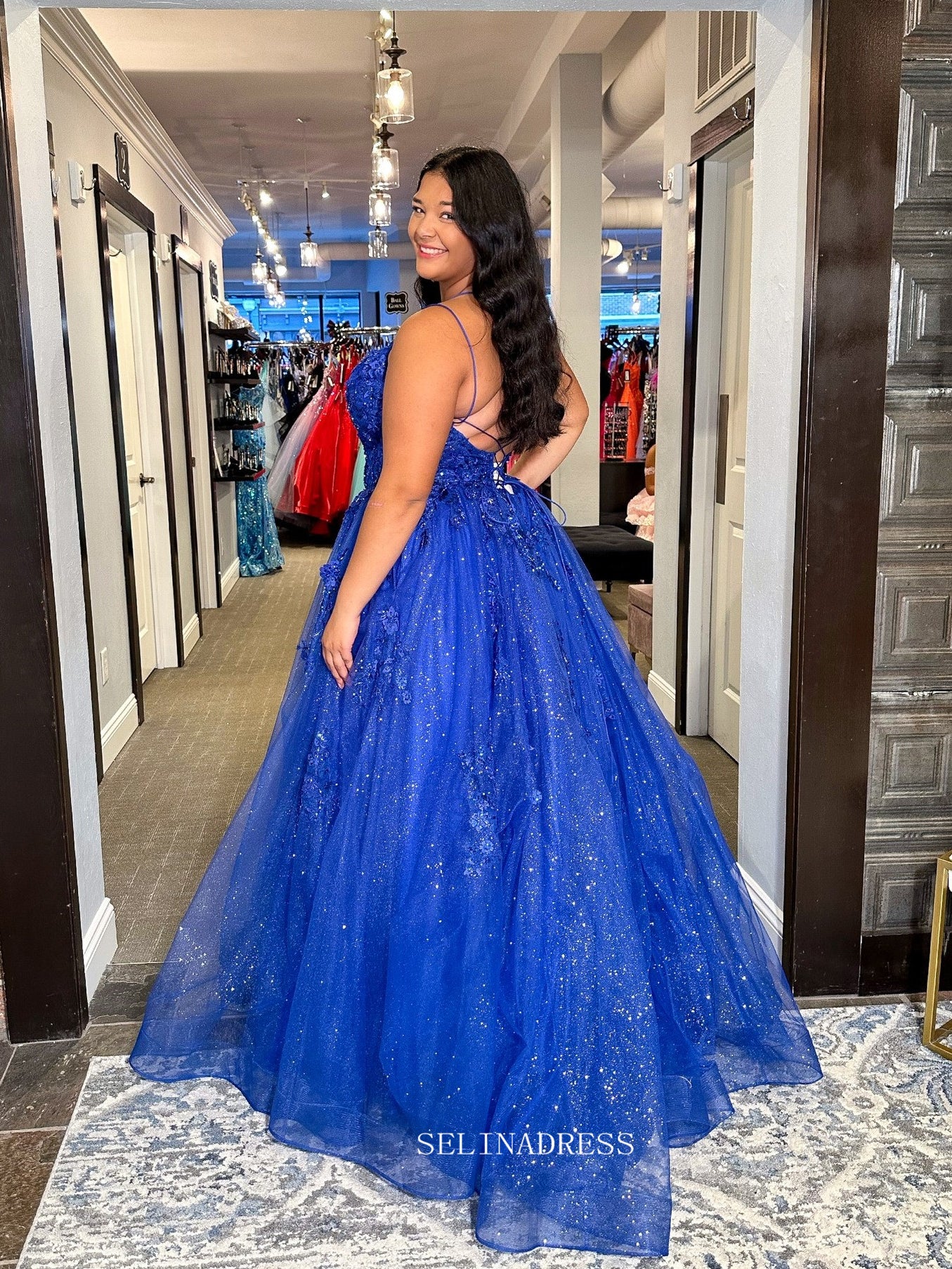 A-line Spaghetti Straps Royal Blue Sparkly Lace Long Prom Dress sew106 SELINADRESS A-line Spaghetti Straps Royal Blue Sparkly Lace Long Prom Dress sew106 SELINADRESS