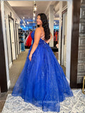 A-line Spaghetti Straps Royal Blue Sparkly Lace Long Prom Dress sew1068|Selinadress