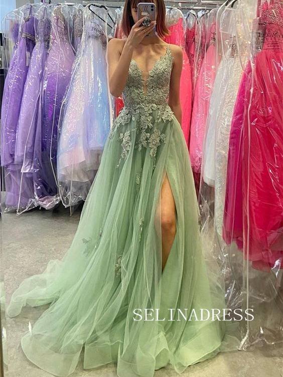 A-line Spaghetti Straps Sage Lace Long Prom Dresses High Split Evening Dress TKH005|Selinadress