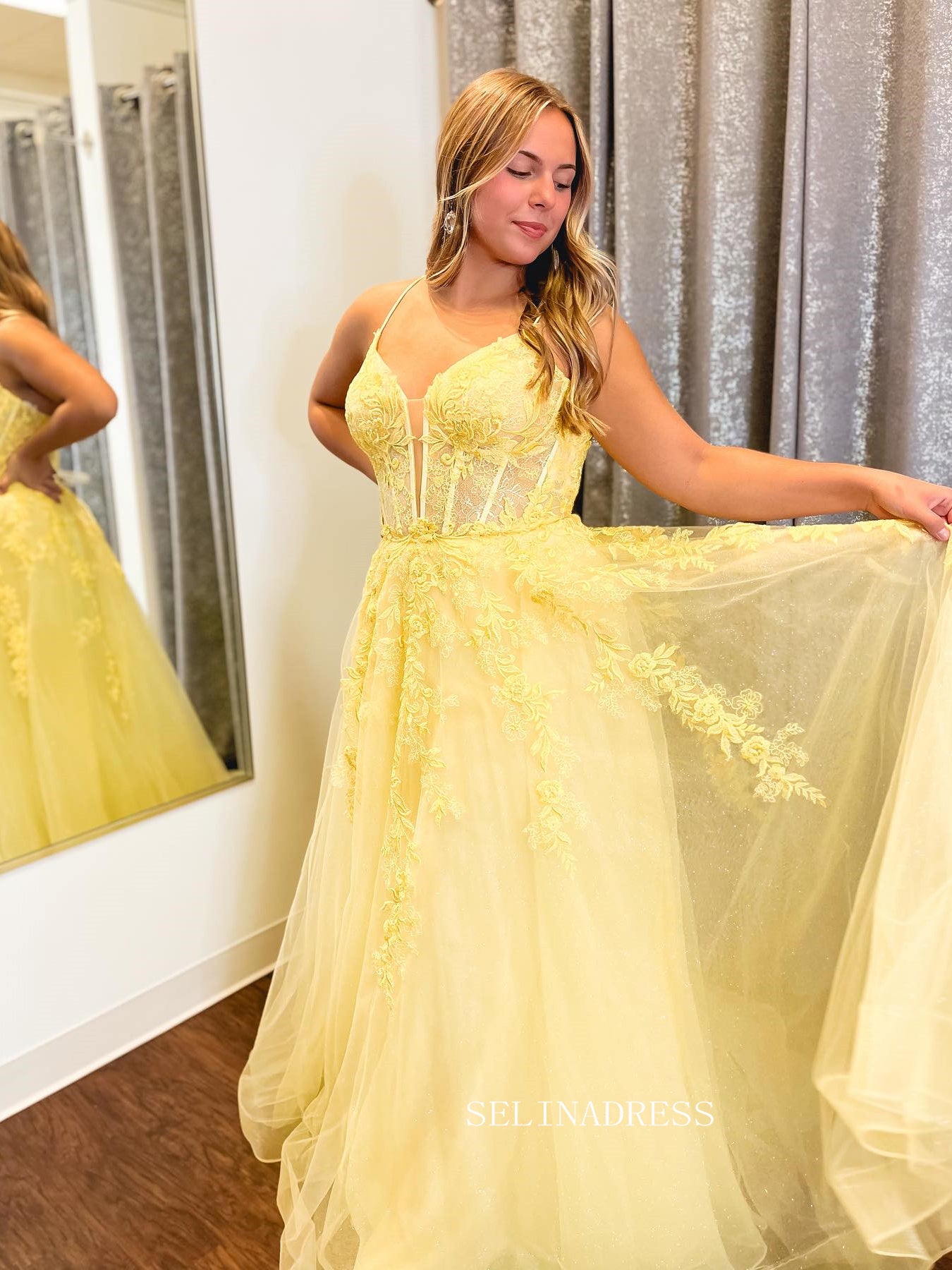 A-line Spaghetti Straps Yellow Sparkly Lace Long Prom Dress sew1069 SELINADRESS A-line Spaghetti Straps Yellow Sparkly Lace Long Prom Dress sew1069 SELINADRESS