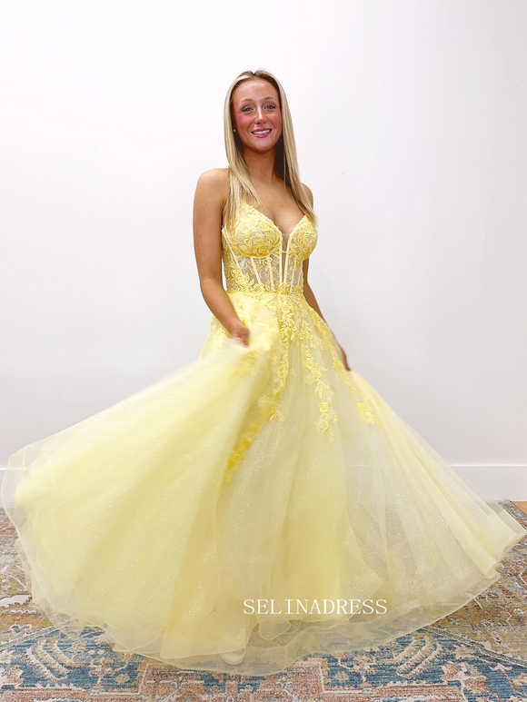 A-line Spaghetti Straps Yellow Sparkly Lace Long Prom Dress sew1069|Selinadress