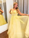 A-line Spaghetti Straps Yellow Sparkly Lace Long Prom Dress sew1069|Selinadress