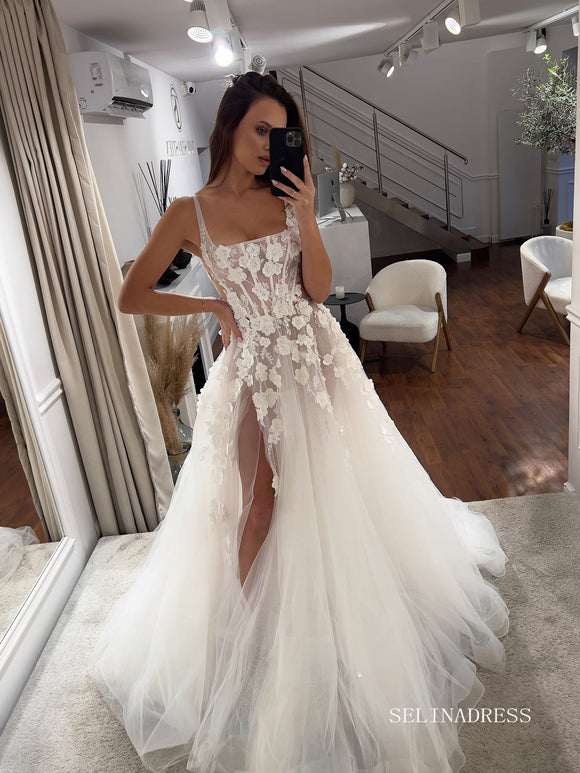 A-line Square 3D Floral Lace White Wedding Dresses Rustic Thigh Split Wedding Gowns LPK175|Selinadress