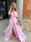 A-line Strapless Pink Long Prom Dresses With Slit and Bow Tie sew1012|Selinadress