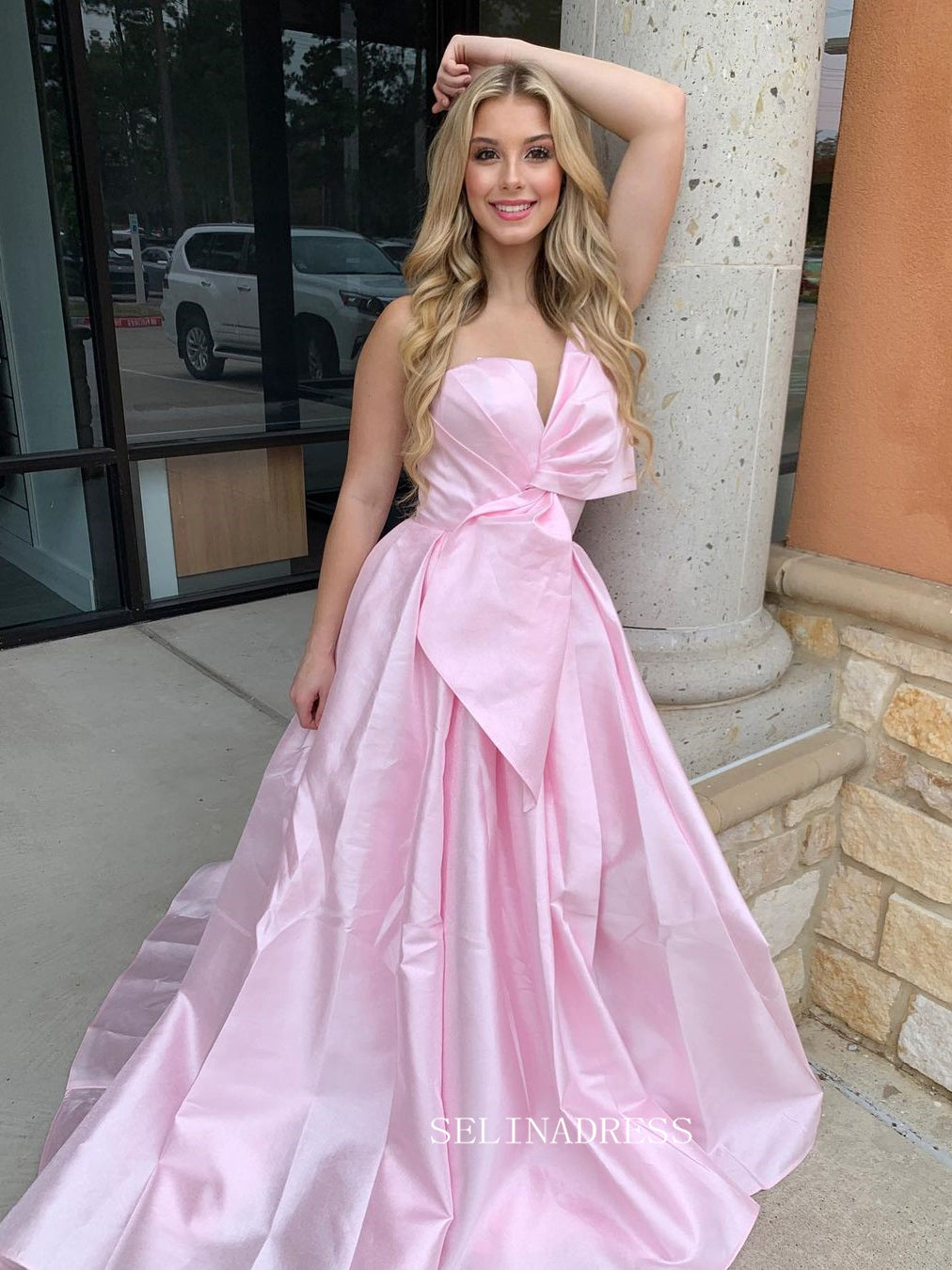 A-line Strapless Pink Long Prom Dresses With Slit and Bow Tie sew1012 A-line Strapless Pink Long Prom Dresses With Slit and Bow Tie sew1012
