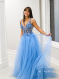 A-line Straps Beaded Blue Long Prom Dress lpk802|Selinadress