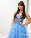 A-line Straps Beaded Blue Long Prom Dress lpk802|Selinadress