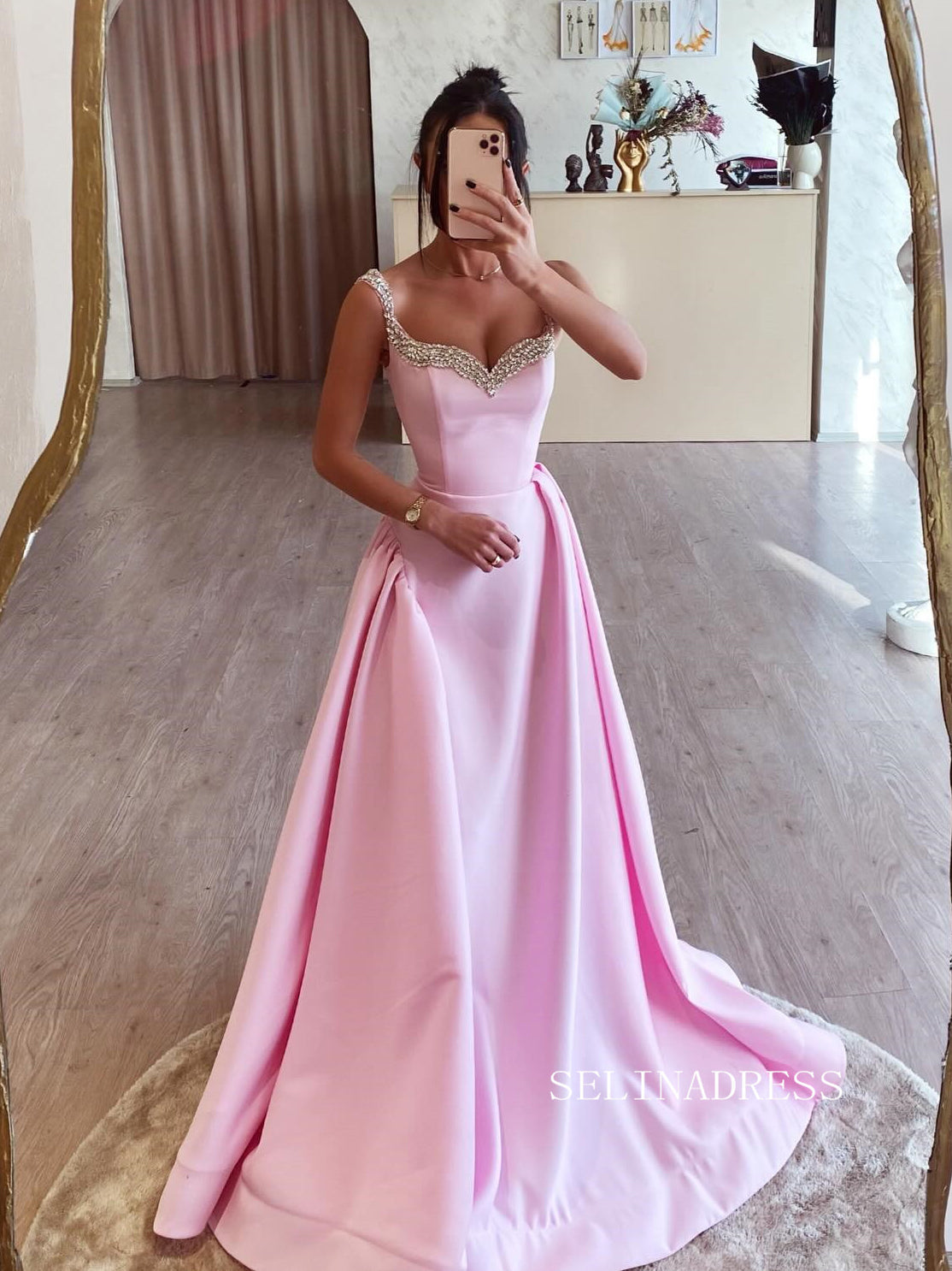 A-line Straps Pink Beaded Long Prom Dress SEW1124 A-line Straps Pink Beaded Long Prom Dress SEW1124