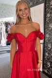 A-line Straps Red Satin Prom Dress With Slit lpk590|Selinadress
