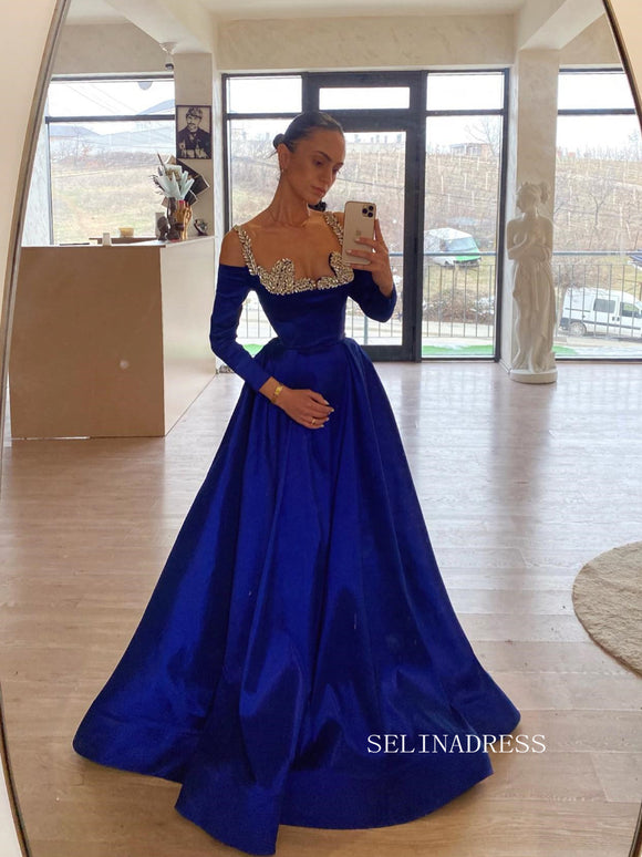 A-line Straps Royal Blue Long Prom Dress Evening Dress SEW1128|Selinadress