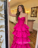 A-line Sweetheart Fuchsia Long Prom Dresses Satin Flouncing Evening Dress lpk516|Selinadress