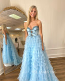 A-line Sweetheart Light Sky Blue Prom Dresses Tulle Layered Long Evening Dress lpk515|Selinadress