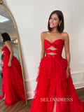 A-line Sweetheart Red Long Prom Dresses Layered Tulle Evening Gowns lpk514|Selinadress