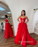 A-line Sweetheart Red Long Prom Dresses Layered Tulle Evening Gowns lpk514|Selinadress