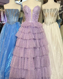A-line Spaghetti Straps Light Sky Blue Ruffles Tulle Long Prom Dress lpk920|Selinadress