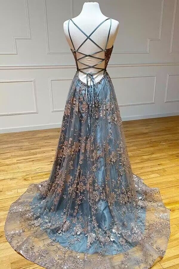 A-line V-neck Stylish Tulle Grey Lace Long Prom Dresses Evening Gowns SELINADRESS A-line V-neck Stylish Tulle Grey Lace Long Prom Dresses Evening Gowns SELINADRESS