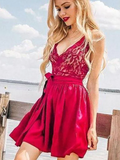 A-line V neck Lace Short Prom Dress Red Satin Homecoming Dress kts096|Selinadress